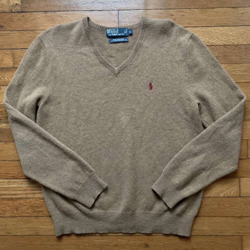 100% lambs wool camel tan vintage Polo by Ralph Lauren vneck sweater.